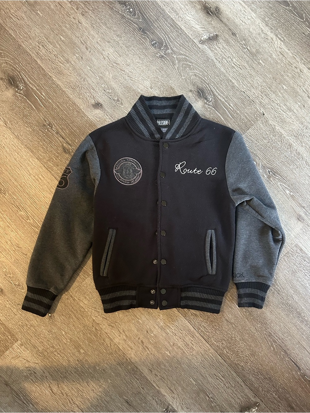 Kids 10/12 Passion Black Gray Button Up Route 66 Bomber Jacket‎